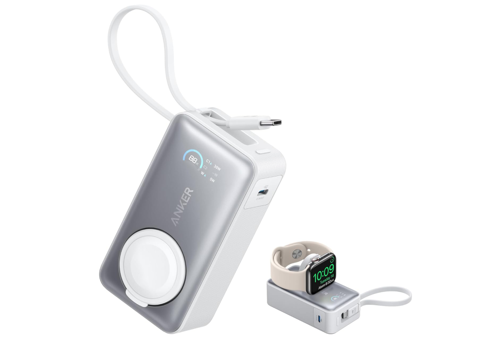 Anker MagGo A1657 - 10,000mAh Power Bank, 35W Output, Built‑In USB‑C Cable, Apple Watch Wireless Charger, LED Display, Travel‑Approved, White - 18 Month Warranty