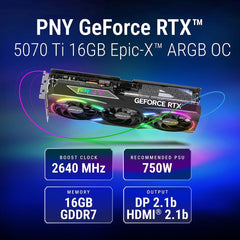 GeForce RTX 5070 Ti Epic-X ARGB OC Triple Fan, Graphics Card, 16GB GDDR7, 256-Bit, 2640 MHz Boost, PCIe 5.0, HDMI/DP 2.1, NVIDIA Blackwell, DLSS 4