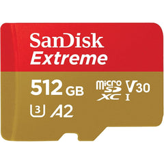 SanDisk 512GB Extreme microSDXC UHS-I Memory Card with Adapter - Up to 190MB/s, C10, U3, V30, 4K, 5K, A2, Micro SD Card - SDSQXAV-512G-GN6MA | SDCard512 |