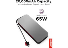 Lenovo Go USB-C Laptop Power Bank (20000 mAh) - 65W - USB-C and USB-A Ports - Fast Charging Portable Power Station with Integrated Cable - Model PBLG2W - Storm Grey
