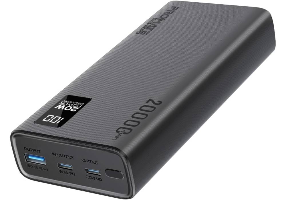 Promate Universal 20000mAh Ultra-Slim Power Bank with 20W USB-C Input/Output Port, QC 3.0 Output, USB-C Ports, LCD Display and Over-Heating Protection for Smartphones and Tablets, Bolt-20PD - Black