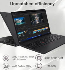 Lenovo ThinkPad T16 Gen 4 Business AI Laptop (16" FHD+, AMD Ryzen AI 7 PRO 350 (> Intel Ultra 7 255U), 32GB DDR5, 1TB SSD) Copilot+ PC, 2x Thunderbolt 4, Backlit, Fingerprint, IR Webcam, Win 11 Pro