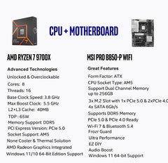 AMD Ryzen 7 9700X CPU Processor with MSI PRO B850-P WiFi Motherboard (ATX, AM5, DDR5, PCIe 5.0, M.2 Gen5, Wi-Fi 7, 5G LAN)