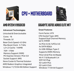 AMD Ryzen 9 9950X3D CPU Processor with GIGABYTE X870E AORUS Elite WIFI7 AM5 Motherboard (ATX, DDR5, 4X M.2, PCIe 5.0, USB4)