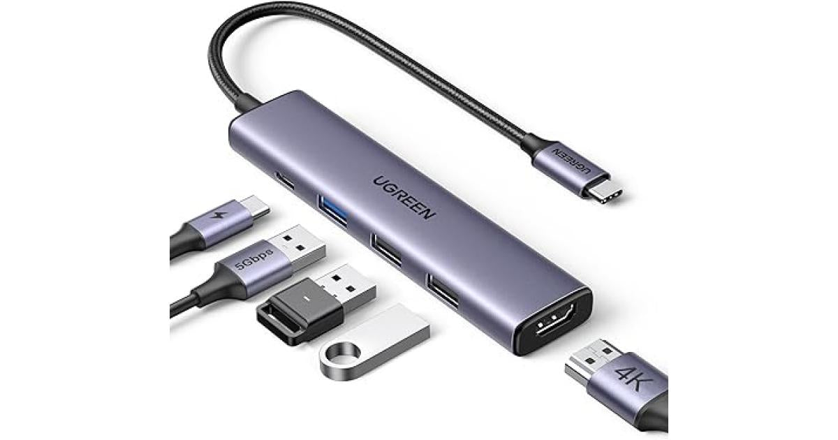 UGREEN USB C Hub, 5-in-1 USB-C Hub with 4K@60Hz HDMI, 100W Power Delivery, 3 USB-A 3.0 Data Ports, USB C Dock Adapter for MacBook Pro/Air, iPad Pro, Mac Mini, Surface, XPS, Thinkpad, Galaxy, and More