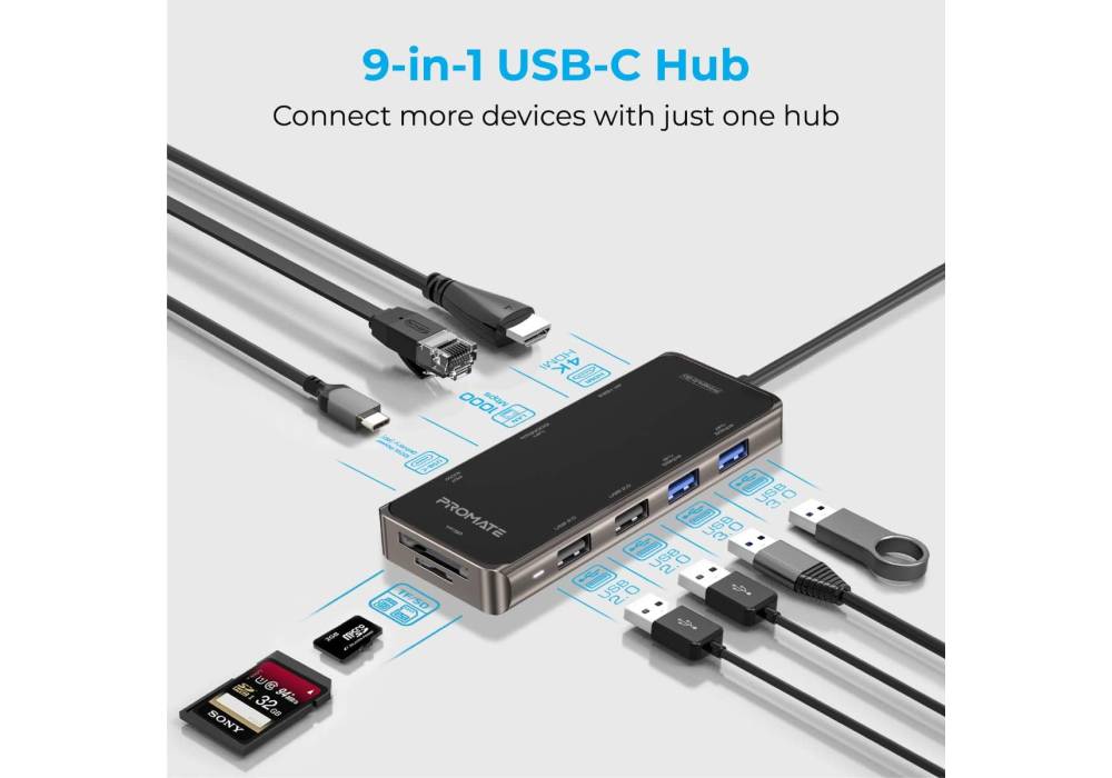 Promate USB-C Hub, 9-In-1 USB Type-C Adapter with 1000Mbps RJ45 Ethernet, 100W USB-C Power Delivery, 4K HDMI, 4 USB Ports, and TF/SD Card Slot for MacBook Pro, MacBook Air, XPS, Chromebook,PrimeHub-Go