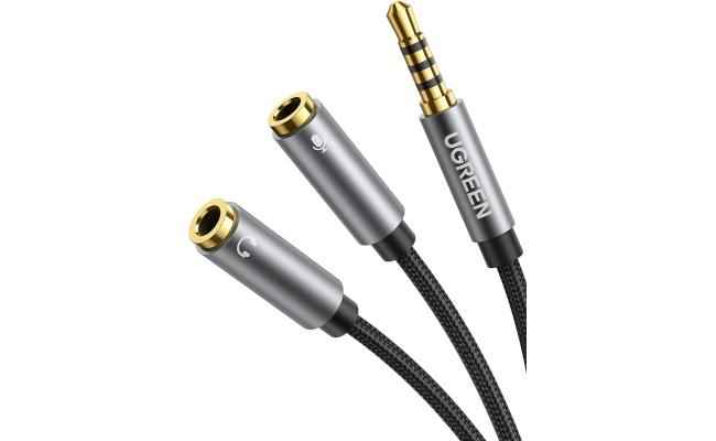 UGREEN Headphone Splitter for Computer 3.5mm Braided Audio Splitter Cable Microphone Stereo Jack Earphones Port Cord Gaming Headset to PC Laptop Adapter Black