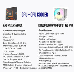 CPU Air Coolor Combo - AMD Ryzen 5 7600X Desktop Processor with KINGCOOL Iron Wind 120mm ARGB CPU Air Cooler White