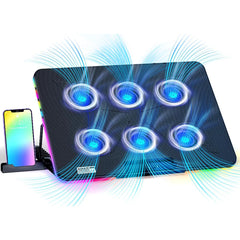 X8 Black 6 LED Fans RGB Light Notebook Quiet Cooling pad, Adjustable Ergonomic Design & Non-Slip Baffle, Mobile Bracket, For Laptop From 12\"-17\" - X8 Laptop Cooling Pad -