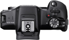Canon EOS R100 Mirrorless Camera w/RF-S 18-45mm f/4.5-6.3 STM Lens + Wide Angle & Telephoto Lenses + 64GB Memory + 3pc Filter Kit + Case + Flash + Tripod