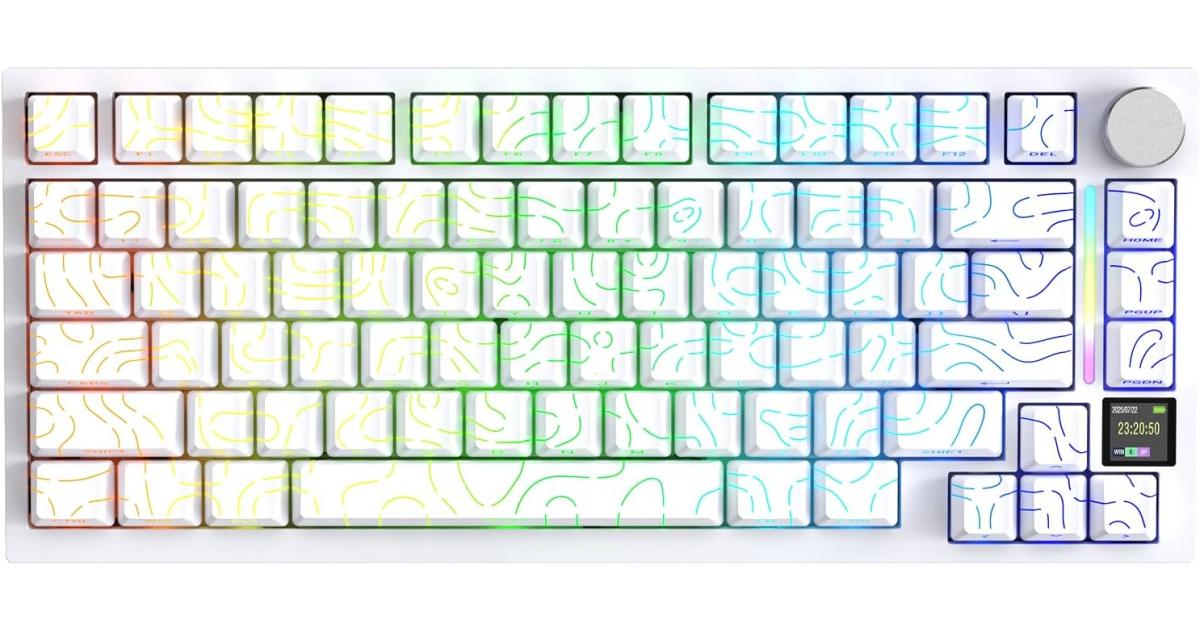 ATTACK SHARK X820 Ultra 75% Wireless Gaming Mechanical Keyboard Hot-Swappable Gasket Mount RGB Backlit BT/2.4G/Wired Custom Keyboard with Smart TFT Display&Knob QMK Driver-White Contour&Gift Switch