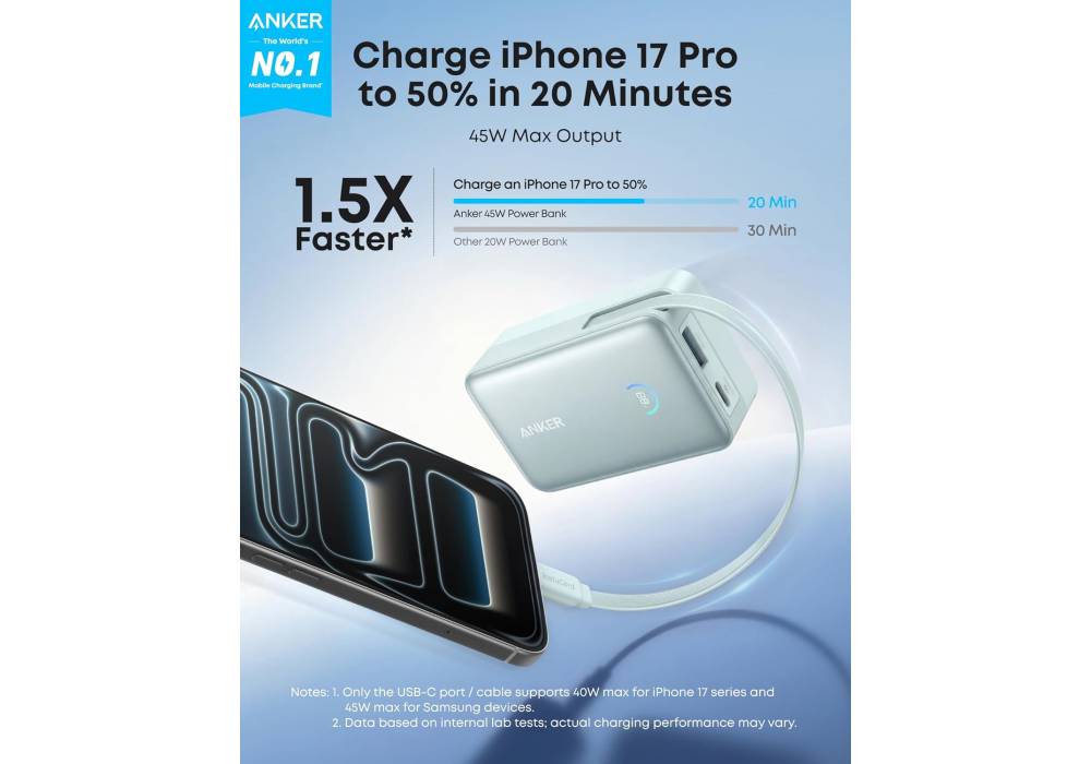Anker Nano Portable Charger, 10000mAh 45W Max Compact Power Bank, Travel Essential Phone Battery Pack with 2.3 ft InstaCord Retractable Cable for iPhone 17/16 Series, iPad, Galaxy, Pixel, and More - 18 Month Warranty