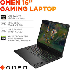 HP OMEN 16 Slim Gaming Laptop (NVIDIA RTX 5060 8GB, AMD Ryzen 9 8940HX (> Intel Ultra 7 255H)), 32GB DDR5 RAM, 1TB SSD, FHD+ 144Hz Display, 4-Zone RGB Backlit KB, IR Webcam, Wi-Fi, IST Dock, Win 11H