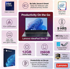 IdeaPad Slim β’ 15.6" Business Laptop with Microsoft 365 Included β’ 12GB DDR4RAM β’ 1.2TB Storage (256GB SSD + 1TB OneDrive) β’ Intel 4 Core β’ Privacy Shutter β’ Dolby Audio β’ Copilot AI β’ Windows 11