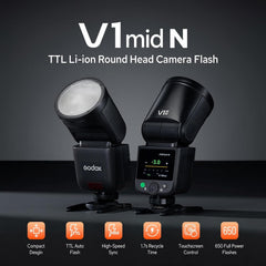 V1 Mid N Flash for Nikon, Touchscreen Speedlite, 55Ws High Output, USB-C Charging, 650 Full-Power Flashes, 1.7s Fast Recycle, 2.4G Wireless 1/8000s HSS, GODOX V1 Mid V1mid N TTL Flash Speedlight