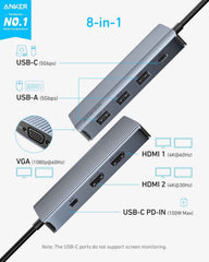 8-in-1 USB-C Hub, USB C Docking Station Triple Display Multi-Port Dongle with 2 HDMI and VGA, 5Gbps Data Transfers, USB Ports for MacBook Air/Pro, Dell XPS, iPad Pro, and More