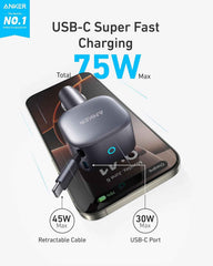Anker Nano Car Charger (75W, USB-C Port, Built-In Retractable USB-C Cable)