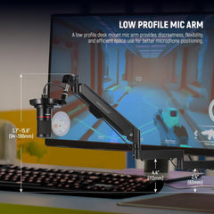 Low Profile Mic Arm Desk Mount, 360Β° Swivel Boom Arm with Pneumatic Damping Adjustable, Cable Management, Compatible with Shure MV7 SM7B Blue Yeti Gaming Streaming Podcast Microphone, MS002
