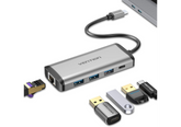 Vention Type‑C Hub – 3× USB 3.0, Gigabit Ethernet, USB‑C PD 87W, 0.15m Cable, Gray Metal Housing