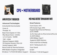 AMD Ryzen 7 9850X3D CPU Processor with MSI MAG X870E Tomahawk WiFi ATX Motherboard (DDR5, PCIe 5.0, M.2 Gen5, Wi-Fi 7, 5G LAN)