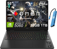 HP OMEN 16 Slim Gaming Laptop (NVIDIA RTX 5060 8GB, AMD Ryzen 9 8940HX (> Intel Ultra 7 255H)), 32GB DDR5 RAM, 1TB SSD, FHD+ 144Hz Display, 4-Zone RGB Backlit KB, IR Webcam, Wi-Fi, IST Dock, Win 11H