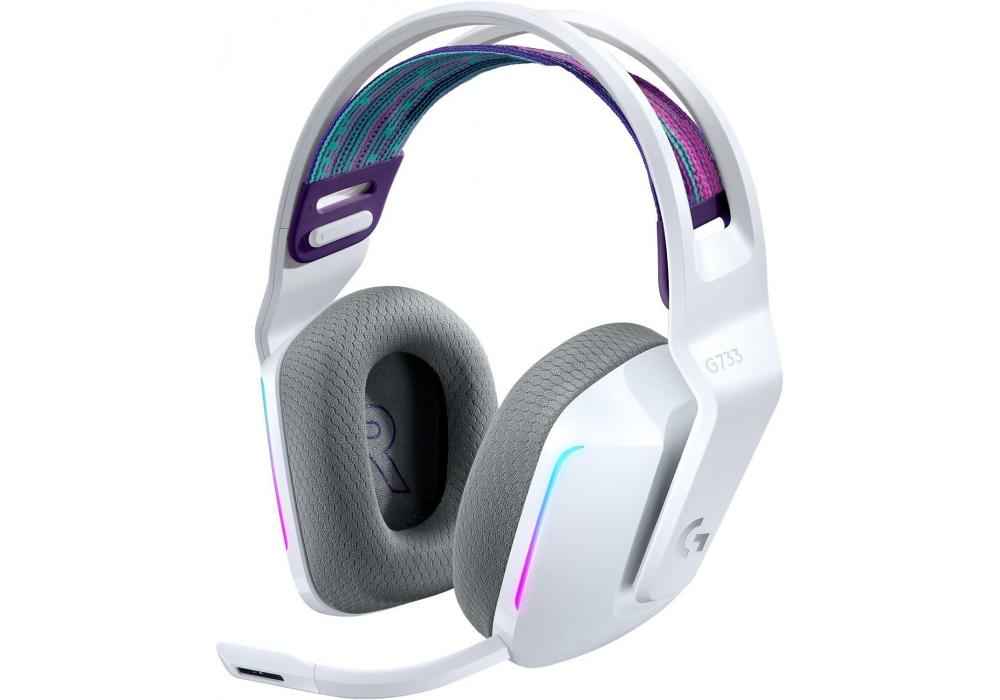 Logitech G733 LIGHTSPEED Wireless Gaming Headset with suspension headband, LIGHTSYNC RGB, Blue VO!CE mic technology and PRO-G audio drivers - White