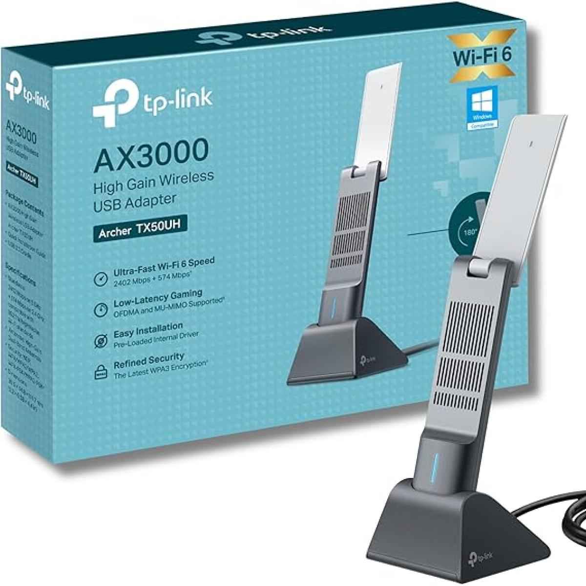TP-Link AX3000 Wi-Fi 6 High Gain Wireless USB 3.0 Adapter, Dual-Band, Auto Driver, MU-MIMO, Low- Latency, 1.2m Cable, Supports Windows 10/11, Highly Secure WPA3 (Archer TX50UH), Black | TX50UH |