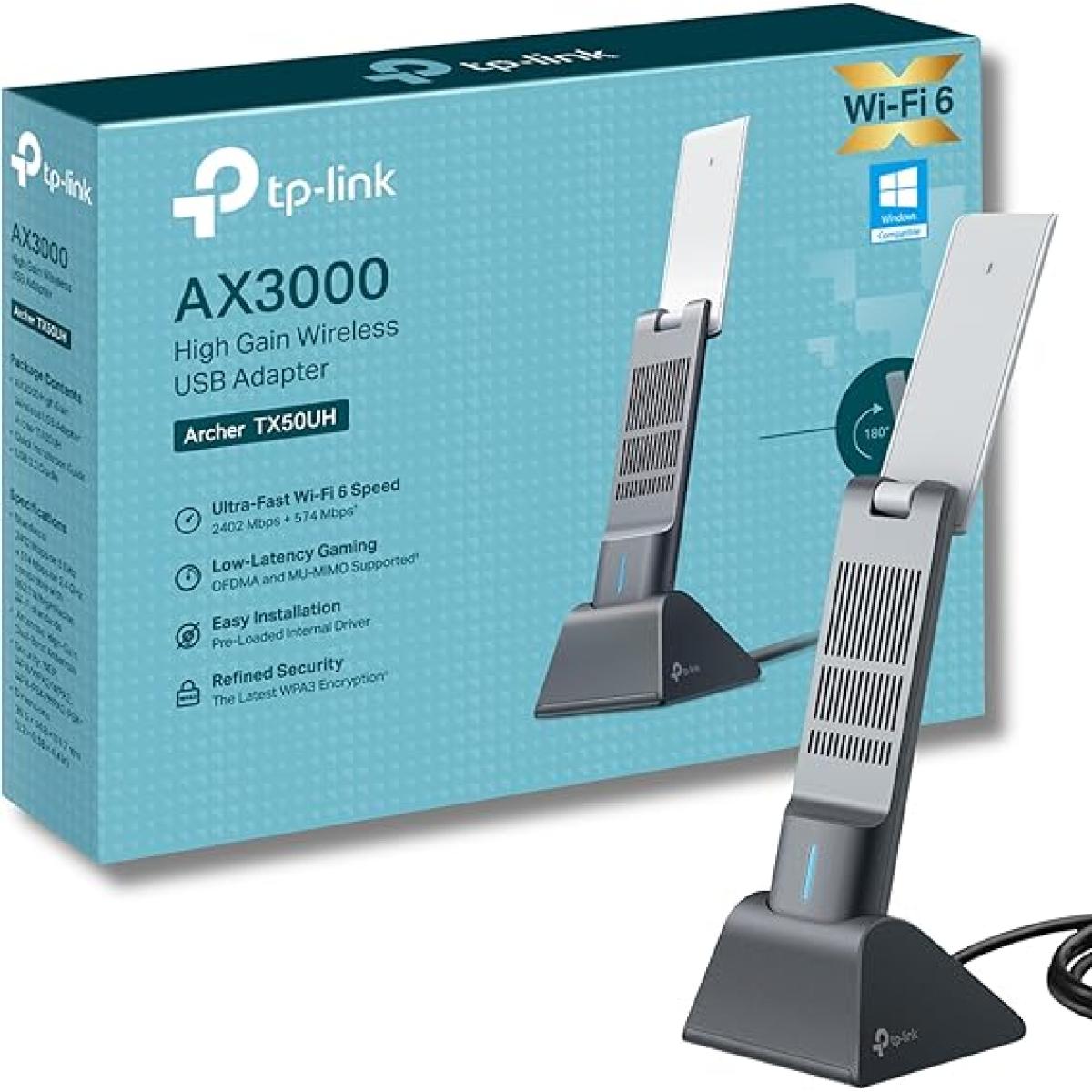 TP-Link AX3000 Wi-Fi 6 High Gain Wireless USB 3.0 Adapter, Dual-Band, Auto Driver, MU-MIMO, Low- Latency, 1.2m Cable, Supports Windows 10/11, Highly Secure WPA3 (Archer TX50UH), Black | TX50UH | TP-Link AX3000 Wi-Fi 6 High Gain Wireless USB 3.0 Adapter, Dual-Band, Auto Driver, MU-MIMO, Low- Latency, 1.2m Cable, Supports Windows 10/11, Highly Secure WPA3 (Archer TX50UH), Black | TX50UH |