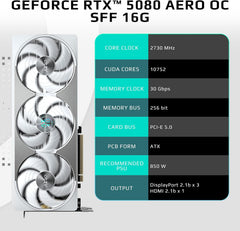 GeForce RTX 5080 AERO OC SFF 16G Graphics Card, WINDFORCE Cooling System, 16GB 256-bit GDDR7, GV-N5080AERO OC-16GD Video Card, Compatible with Desktop