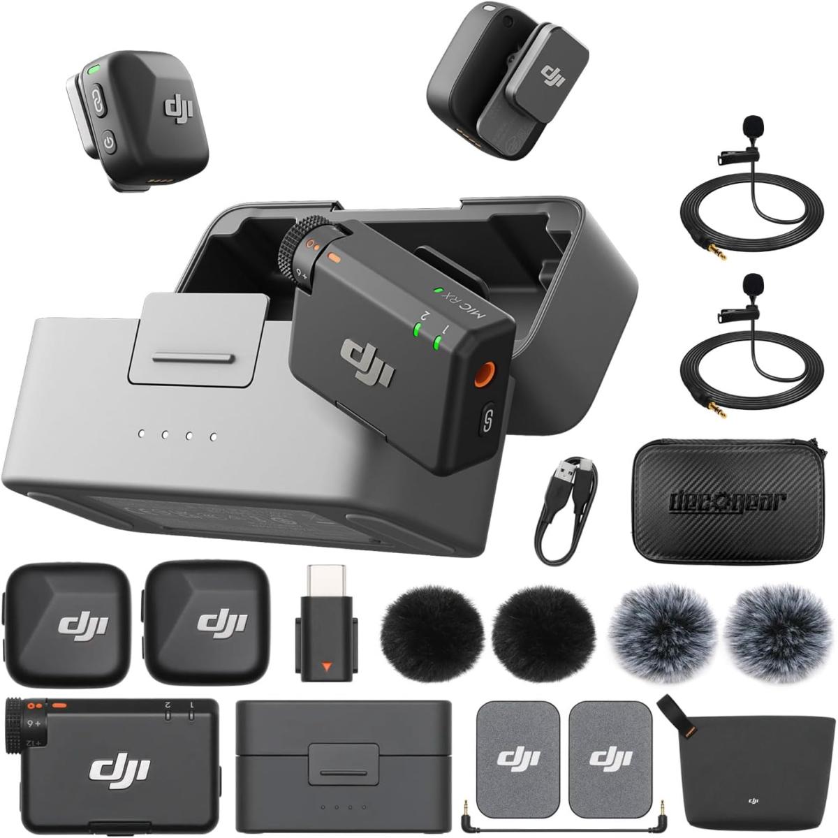 DJI Mic Mini (2 TX + 1 RX + Charging Case) Wireless Lavalier Microphone, Ultralight, Noise Cancelling, Up to 48-Hour Battery Life Bundle with 2 x Deco Gear Lapel Microphone and 5" EVA Case | DJI Mic Mini | DJI Mic Mini (2 TX + 1 RX + Charging Case) Wireless Lavalier Microphone, Ultralight, Noise Cancelling, Up to 48-Hour Battery Life Bundle with 2 x Deco Gear Lapel Microphone and 5" EVA Case | DJI Mic Mini |