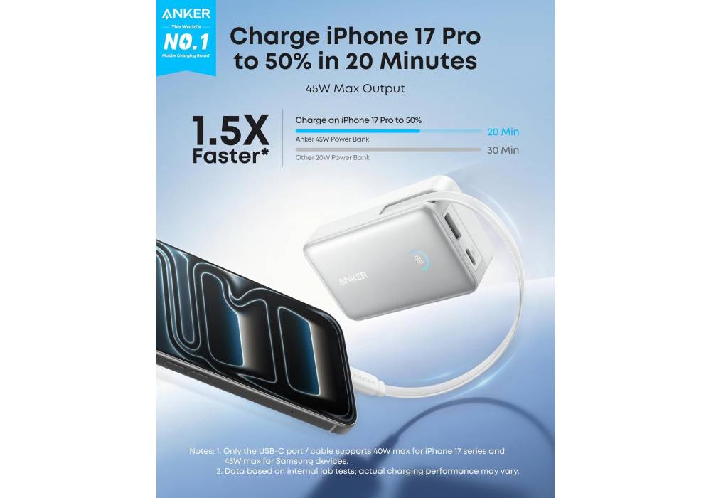 Anker Nano Portable Charger, 10000mAh 45W Max Compact Power Bank, Travel Essential Phone Battery Pack with 2.3 ft InstaCord Retractable Cable for iPhone 17/16 Series, iPad, Galaxy, Pixel, and More - 18 Month Warranty