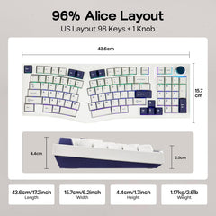 Feker Alice98 Ergonomic 98 Keys Custom Mechanical Keyboard, VIA Programmable, USB-C Wired Gaming Keyboard, Hot Swappable, 5 Layer Paddings, Control Knob, NKRO, RGB for Win/Mac (White)