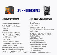 AMD Ryzen 5 7600X3D CPU Processor Bundle with ASUS B650E MAX Gaming WiFi AM5 ATX Motherboard (DDR5, PCIe 5.0, 3X M.2, Wi-Fi 6E)