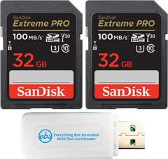 SanDisk 32GB SD Extreme Pro Memory Card (Two Pack) Works with Nikon D3500, D7500, D5600 Digital DSLR Camera (SDSDXXO-032G-GN4IN) Bundle with (1) Everything But Stromboli MicroSDXC & SD Card Reader