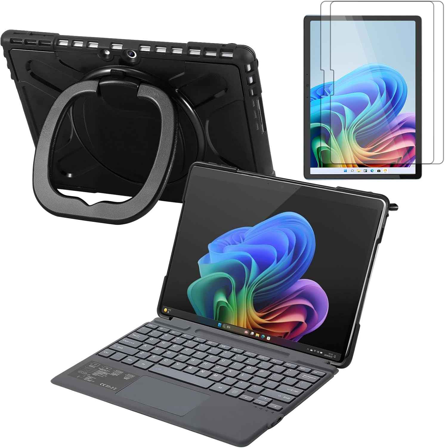 Surface Pro 11 Case with Keyboard, Screen Protector Set 13-inch 2025, Shockproof Cover for Microsoft Surface Pro 9/10/11 with Rotatable Grip/Stand, Wireless Touchpad Type Cover Keyboard-Black