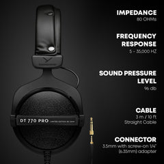 beyerdynamic DT 770 PRO, 80 Ohm, Closed Back, Over Ear, Wired Professional Studio Headphones, Home Recording, Podcast, Monitor, 3m Straight Cable, Black with Limited Edition Black Velour Ear Pads