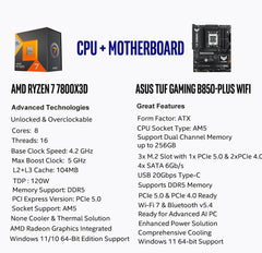 AMD Ryzen 7 7800X3D CPU Processor with ASUS TUF Gaming B850-PLUS WiFi AM5 ATX Motherboard (DDR5, PCIe 5.0, 3X M.2, Wi-Fi 7, USB 20Gbps Type-C)