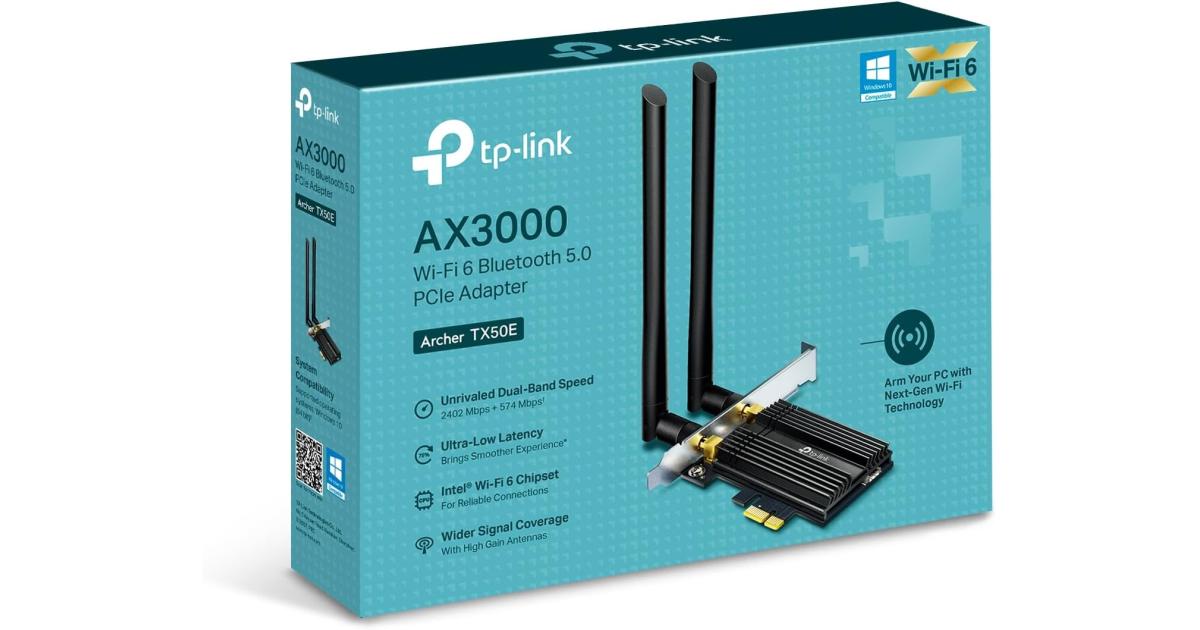 AX3000 Wi-Fi 6 Bluetooth 5.0 PCIe Adapter, AX3000 Wi-Fi 6 Speeds, Gold plating and a customized heat sink improve connection stability and efficiency ensuring ultimate performance.