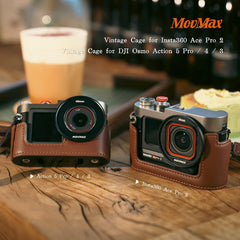 MOVMAX Vintage Camera Cage for Insta360 Ace Pro 2 with Carrying Strap, Aluminum Alloy Metal Case with Retro Soft Leather, Cold Shoe, Insta 360 Ace Pro 2 Accessories