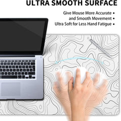 Topographic Map Large Mouse Pad XXL White Lines Contour Geographic Extended Large Desk Mat Big Desk Pad (90X40 CM)(4 MM) Non-Slip Rubber Base Stitched Edge Long Mousepad,35.4 x 15.7 Inch