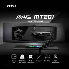 MAG MT201 - Premium Heavy Duty Single Monitor Stand Arm, Supports 17-49" Screens and 44 lbs, VESA Compatible, Adjustable Spring Assisted Mount, Clamp & Grommet, Quick Release Plate - Black