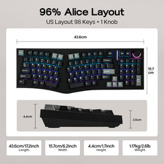 Feker Alice98 Ergonomic 98 Keys Custom Mechanical Keyboard, VIA Programmable, USB-C Wired Gaming Keyboard, Hot Swappable, 5 Layer Paddings, Control Knob, NKRO, RGB for Win/Mac (Black)
