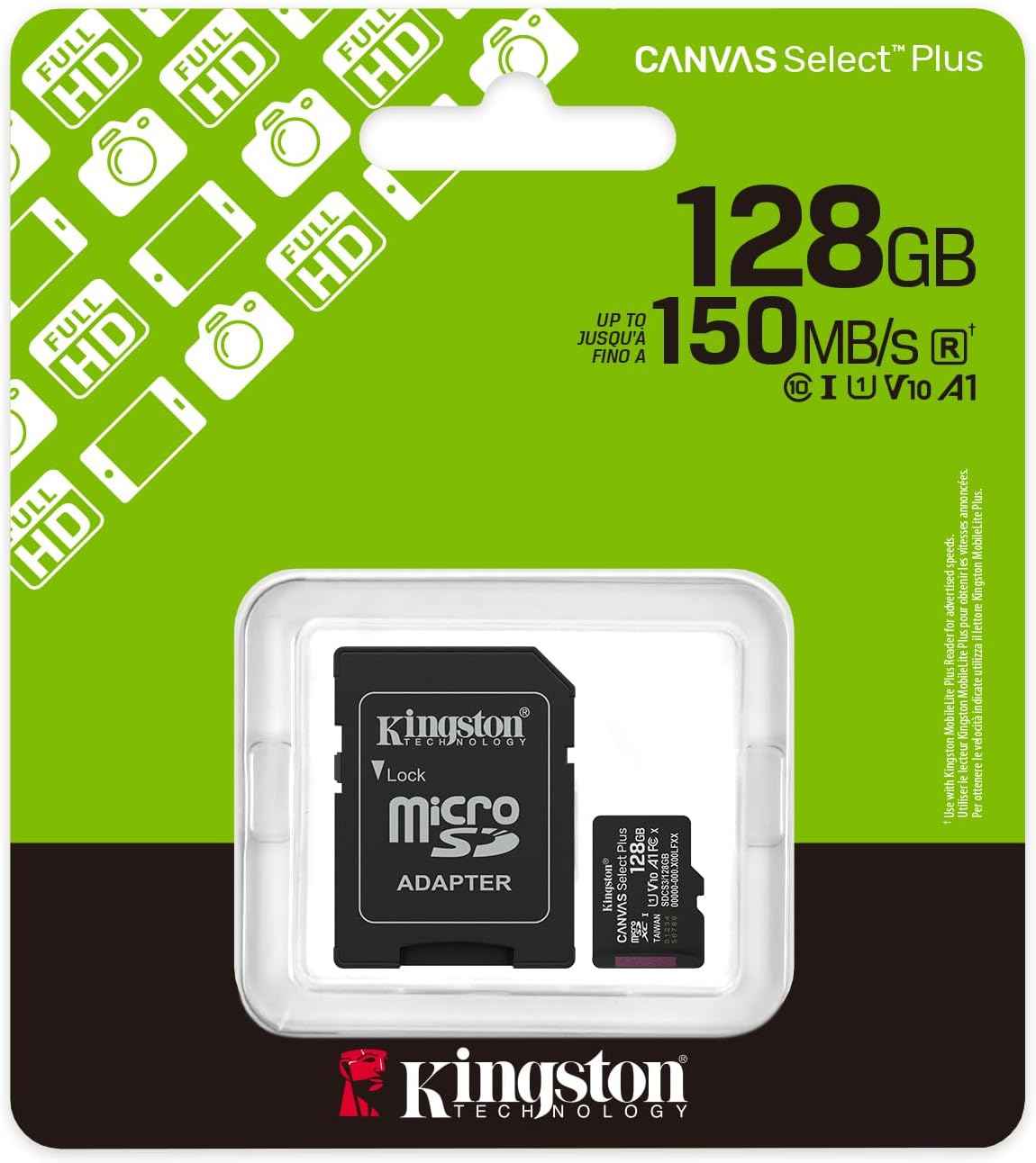 Kingston Canvas Select Plus microSD Memory Card 128GB microSDXC GEN3 150MB/s A1 Card + Adapter - SDCS3/128GB