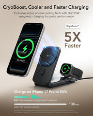 ESR 3 in 1 Charging Station for Apple, Qi2.2 25W MagSafe Charger with CryoBoost, Phone-Cooling Wireless Charging Station Foldable, for iPhone 17/16 with iOS 26(50W Adapter), AirPods, Apple Watch,Black