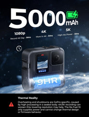 9 Hour Action Pack Extended Battery for GoPro Hero 13 12 11 10 9 Black, Waterproof 33ft Dustproof Rechargeable Power Bank (6 Hours 4K Recording) Pass Through Power, All Weather Backup Battery