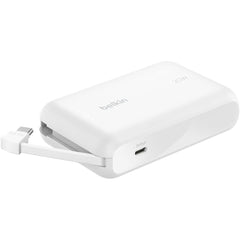 Belkin BoostCharge power bank 10000mAh, portable power bank with integrated cable PD 20W, fast charge USB-C power delivery, power bank fast charging for iPhone 16 series, iPad Pro, Galaxy S24 and more - White