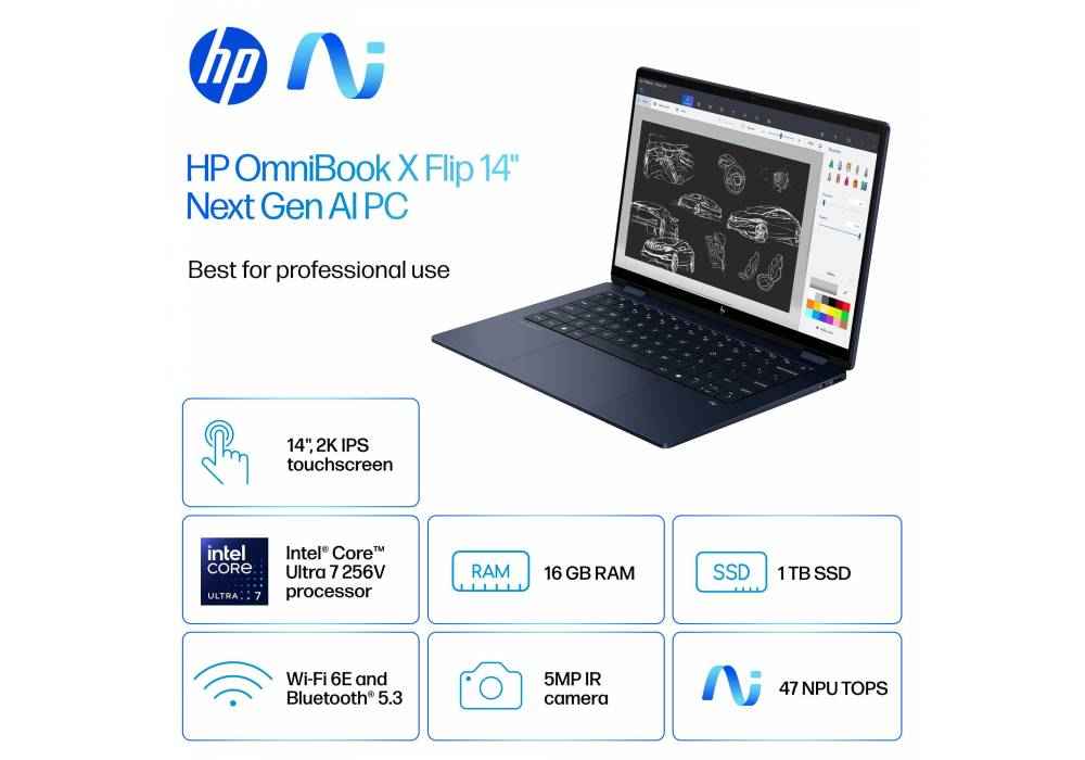 HP OmniBook X Flip 14 inch 2-in-1 Laptop Next Gen AI PC 14-fm0023dx, Intel® Core™ Ultra 7 256V 4.8 GHz, 16 GB LPDDR5x-8533 MT/s, 1 TB PCIe Gen4, 14" 2K Touch Display (1920 x 1200) IPS 400 Nits, Windows 11 Home - Atmospheric Blue