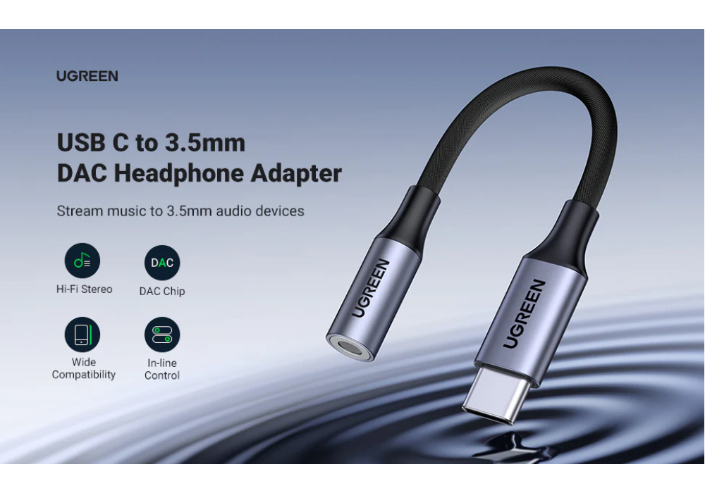 UGREEN USB-C Male to 3.5mm Female Audio Adapter with DAC Chip Hi-Res Audio 10CM (AV161)