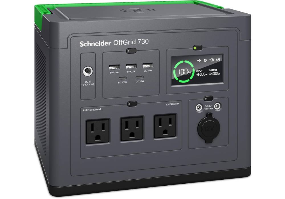 Schneider OffGrid Portable Power Station 730, 700W, 230V, 738Wh Lithium-ion, LCD, 2 BS1363 UK outlets, Sinewave, 3 USB-A, 2 USB-C, Wireless Charger