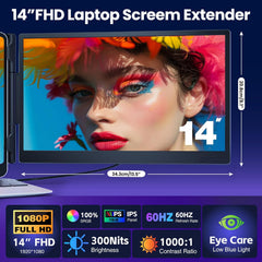 Laptop Screen Extender 0.27" Ultra-Thin, 14" Dual Portable Monitor FHD 1080P IPS, USB-C/HDMI Plug & Play Travel Screen for 13-17" Laptops, Compatible with Wins/Mac/Chrome/Switch/Android